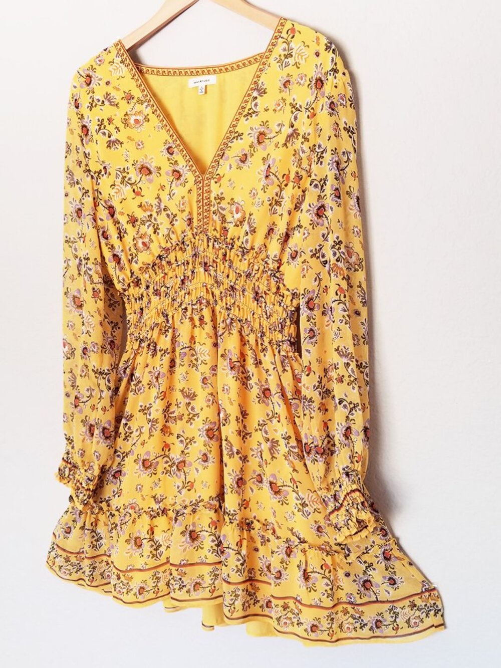 Max Studio Yellow Floral Smocked Waist V-Neck Mini Dress Long Sleeve Size L - Picture 2 of 14
